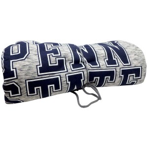 rolled and tied salt and pepper sweatshirt blanket with printed Penn State in large block letters